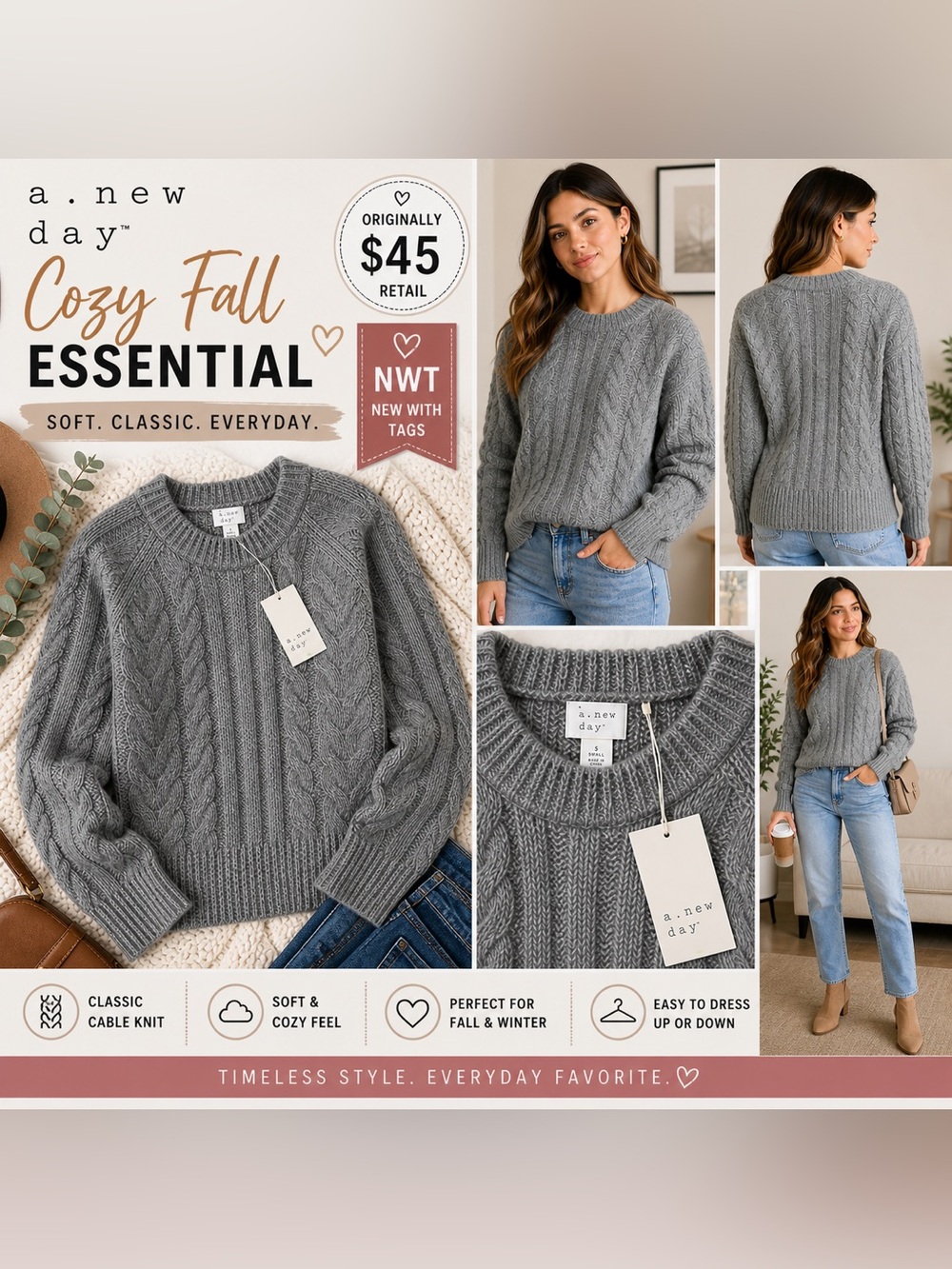 A New Day Womens Sweater Sz Small Gray Cable Knit Cozy Pullover NWT Spring